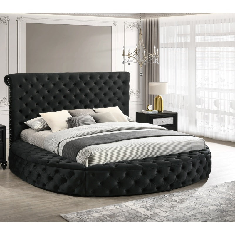 Queen Size Round Plush Black Veet Button-Tufted Storage Bed Frame