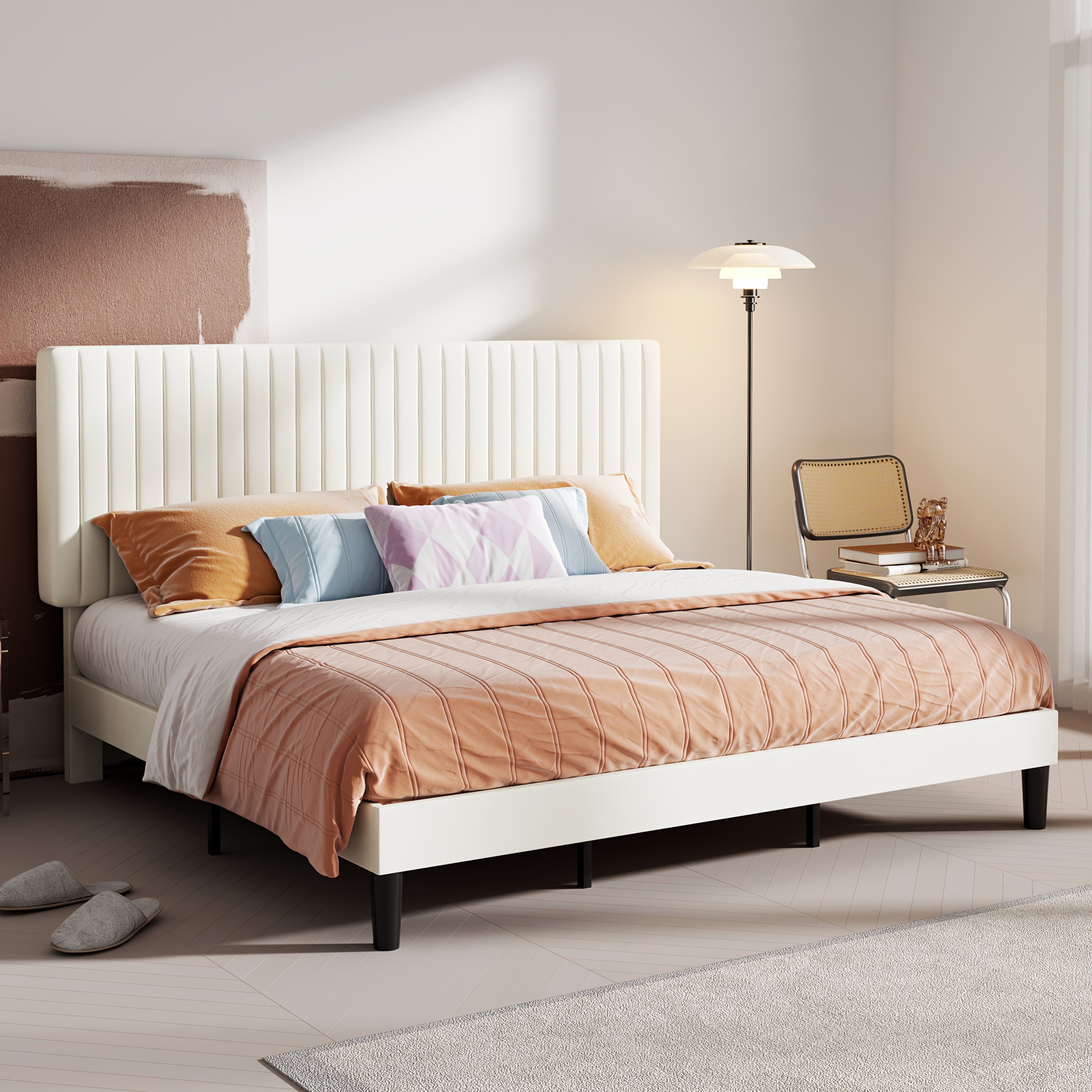 Modern Velvet Upholstered Bed Frame with Adjustable Headboard