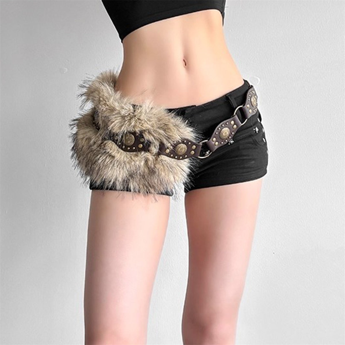 Faux Fur Leather Belt with Pin Buckle & Rivet Accent