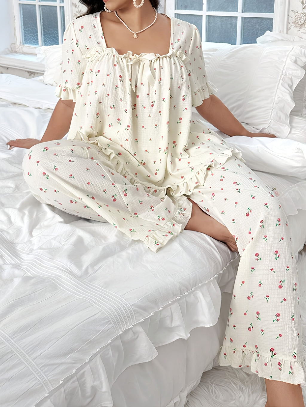 Casual Loose Floral Print Square Neck Bow Decor Pleated Hem Ruffle Edge Short Sleeve Top Set