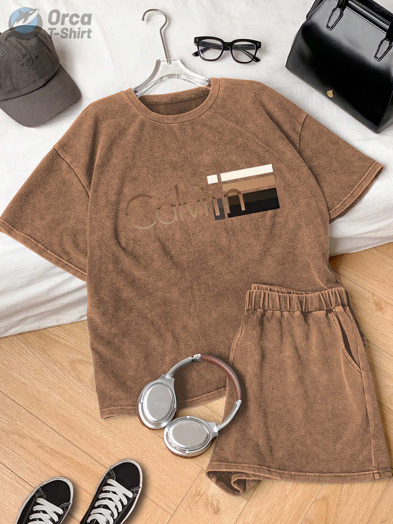 Men's & Women's 230g Heavyweight 100% T-Shirt - Vintage Washed Oversized Short Sleeve Round Neck Pink Tee with Logo-Like Horizontal Stripe Print (Beige//Maroon) - Soft Breathable Casual Summer Top, Locally Shipped, Women Two