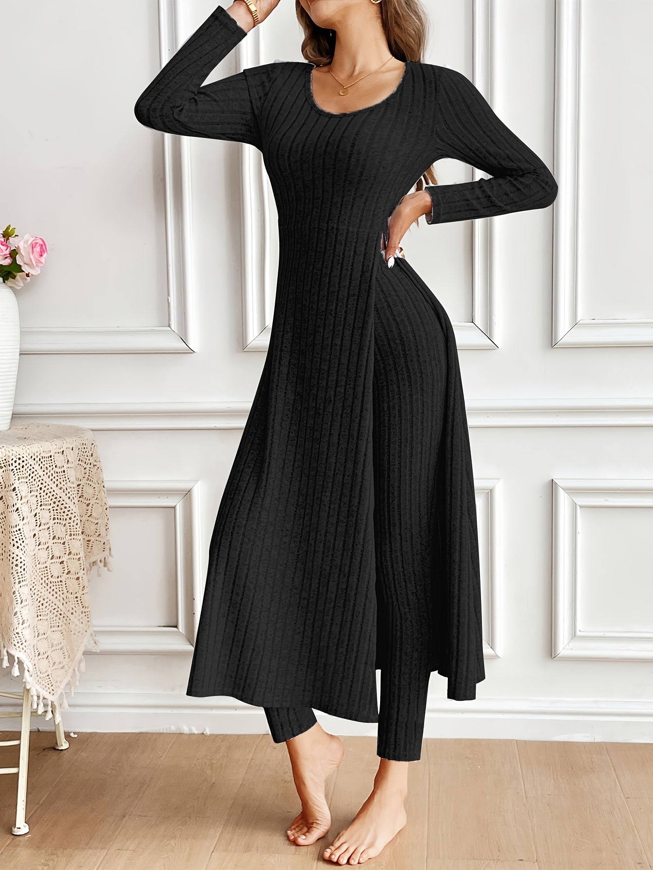 Two-piece Set of Ribbed Long-sleeved Top and Pants