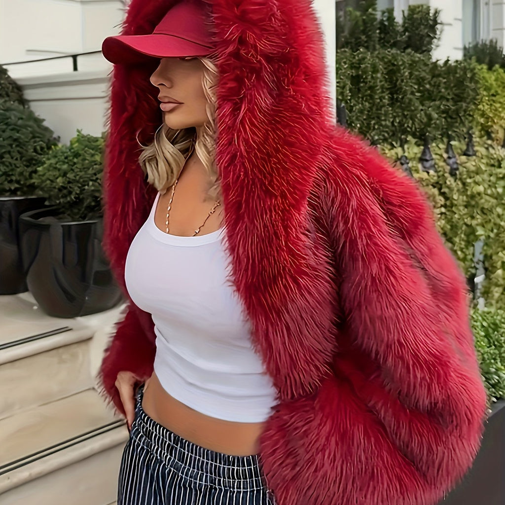 Women'S Elegant Red Faux Fur Hooded Coat - Long Sleeve, Button-Up Front, Fluffy Lined, Perfect for Fall/Winter, Casual Style, Winter Outerwear | Fluffy Lined Coat | Buttonup Coat, Winter Clothes For Women, Coat For Women, Sty