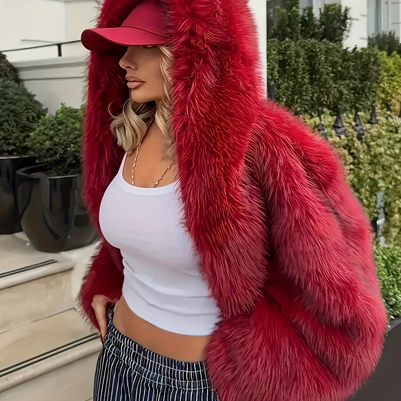 Women'S Elegant Red Faux Fur Hooded Coat - Long Sleeve, Button-Up Front, Fluffy Lined, Perfect for Fall/Winter, Casual Style, Winter Outerwear | Fluffy Lined Coat | Buttonup Coat, Winter Clothes For Women, Coat For Women, Sty