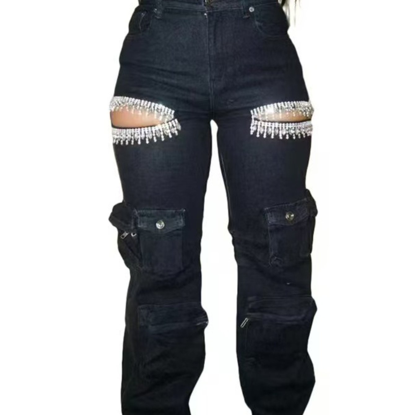 Slim-Fit Overalls Jeans with Hollow Diamond Embellishments & Multiple Pockets