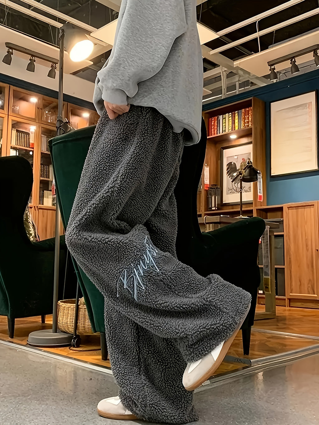 Fleece-Lined Embroidered Casual Pants