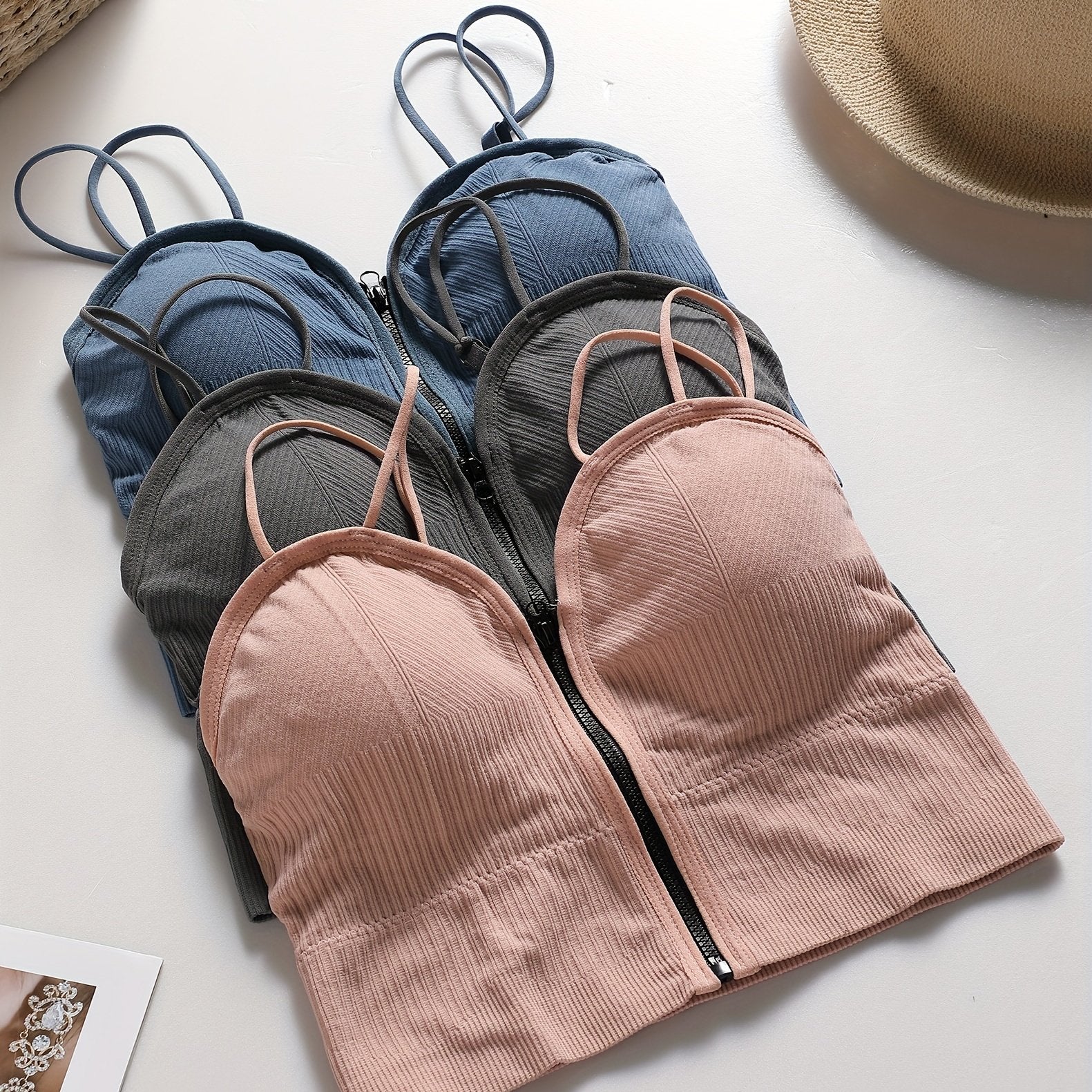 {3pcs} Basic Front-Zip Round Cup Casual Cami Tank Tops