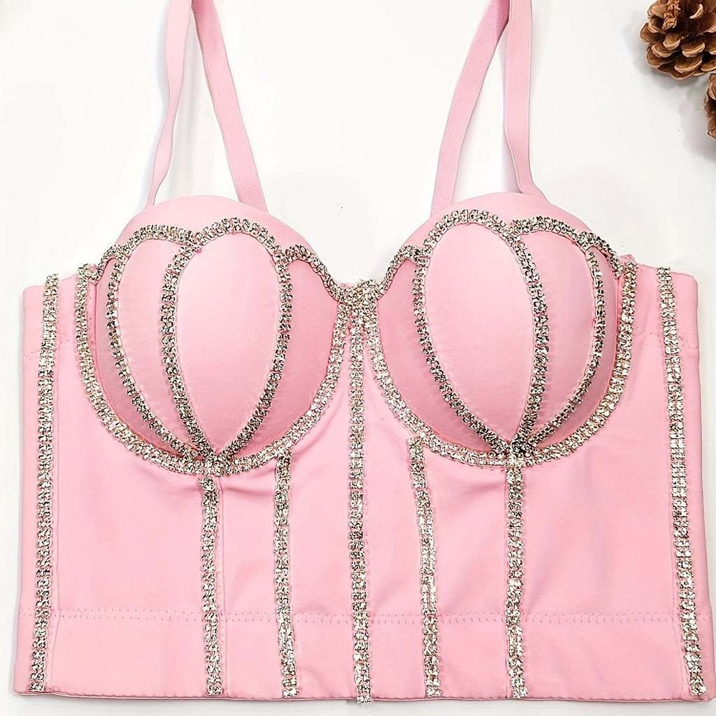 #8185 French Design Sleeveless Vest, Niche Shaping Underwear for Women, Fishbone Top with Studs and Shiny Rhinestones, Women'S Group Tightening Wrap Chest