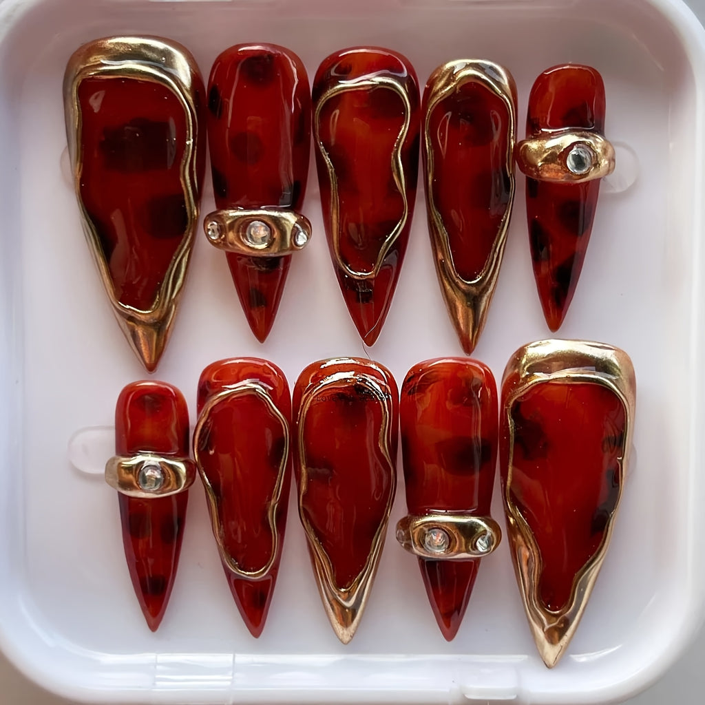 10pcs Full Coverage Nail Stickers - Long Almond Shape, Red Ombre with Metallic Accents