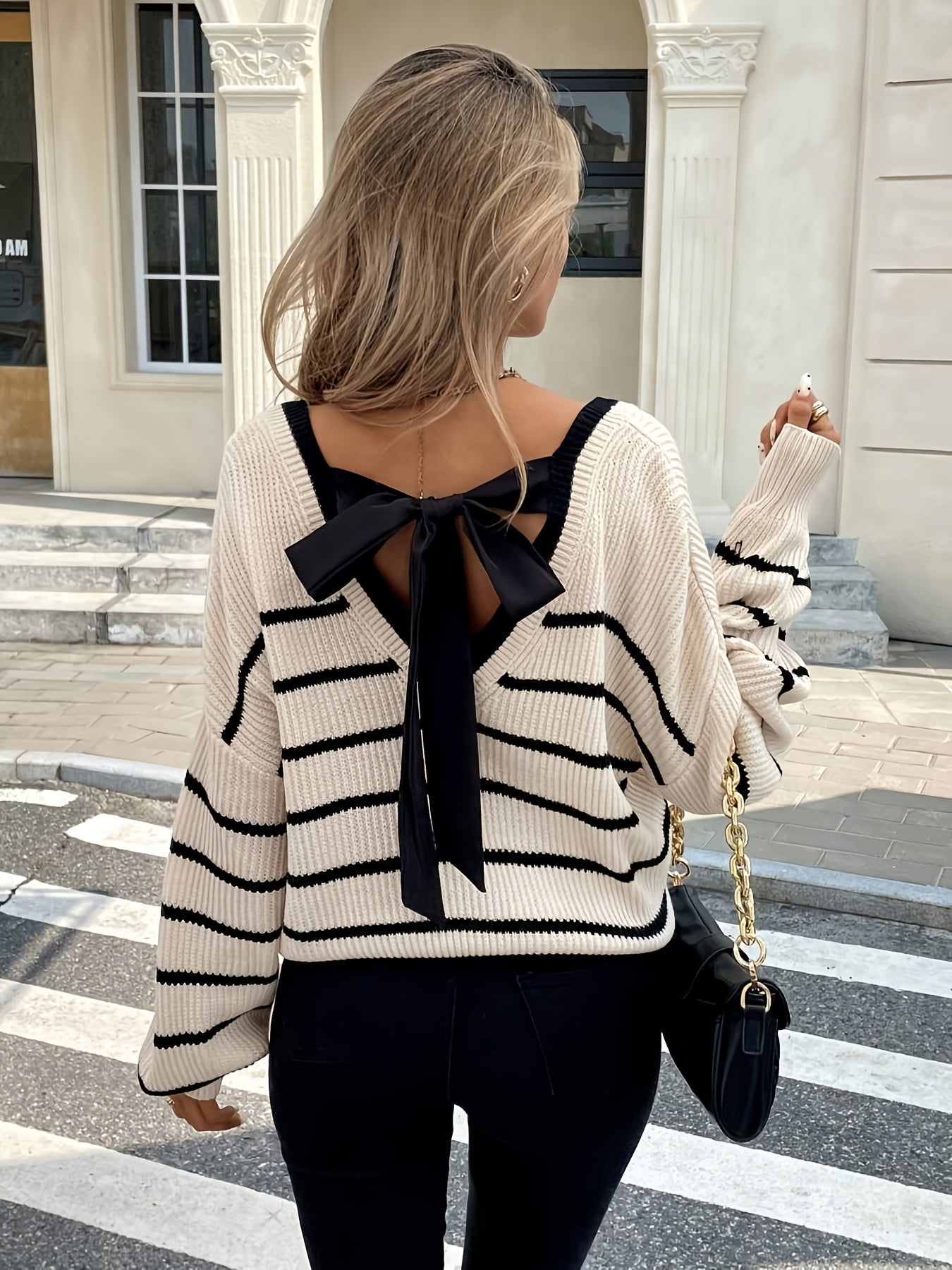 Women'S Elegant French-Inspired Striped V-Neck Sweater with Tie-Back Detail - Casual Long Sleeve Pullover for Fall/Winter, Black & White Vertical Stripes, Button-Up Front, Loose Fit, Casual Winter Wear | Vneck Sweater | Const