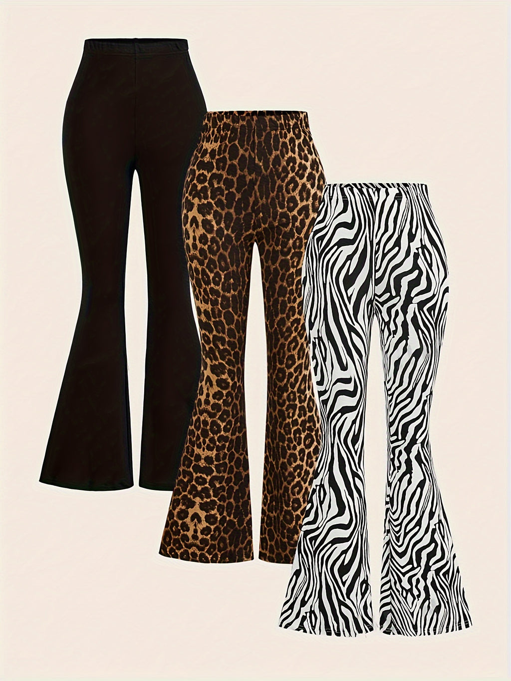 Leopard & Zebra Striped & Solid Flare Leg Pants {3pcs}