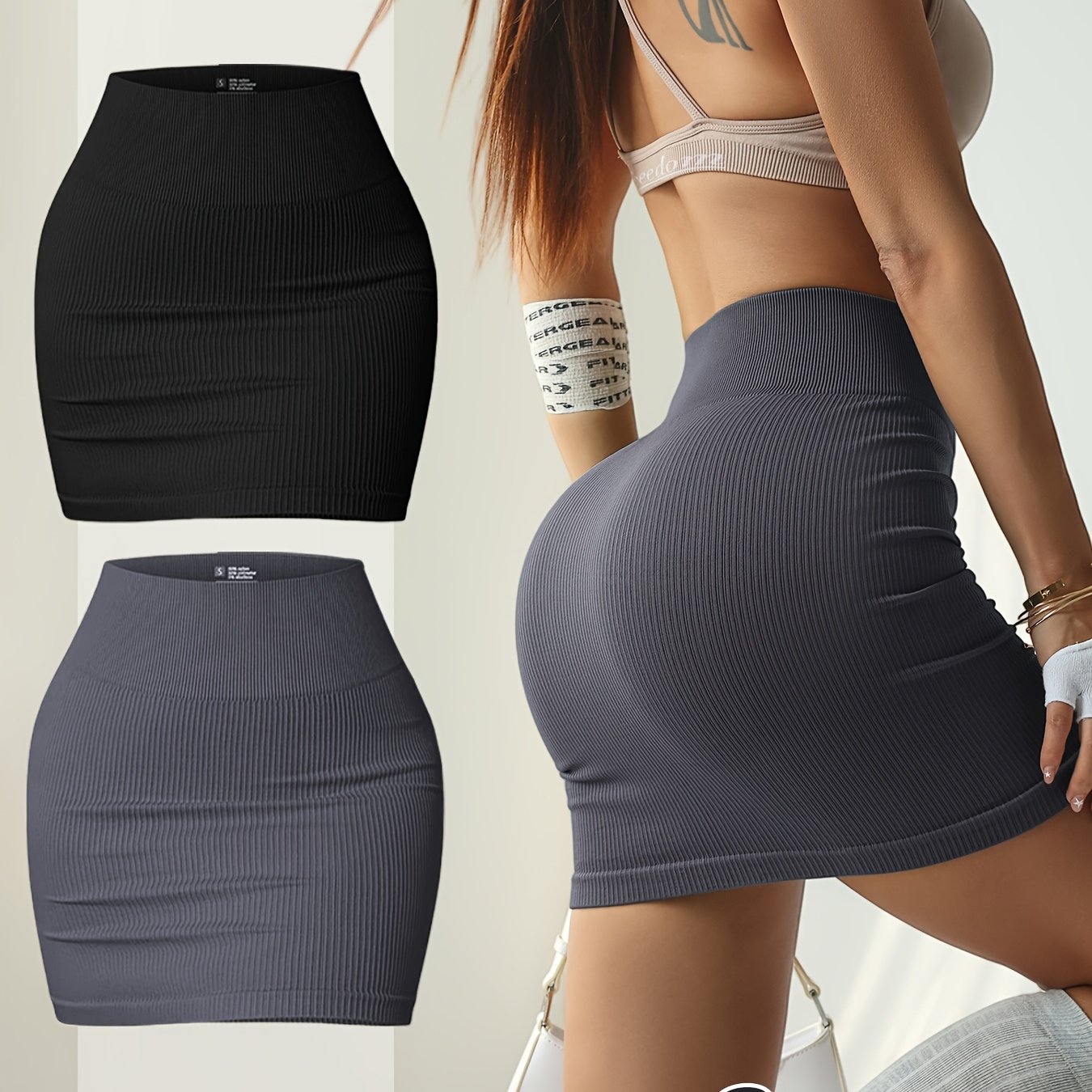 {2pcs} High-Waisted Ribbed Bodycon Mini Skirt