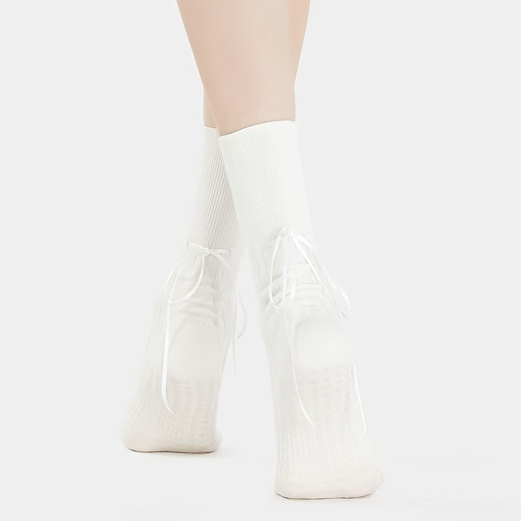 Non-Slip Mid-Calf Socks with Adjustable Strap & Bow Ribbon