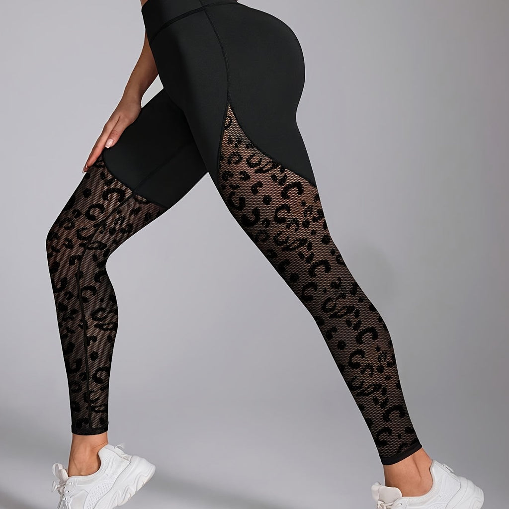 High-Waisted Leggings with Mesh Panel & Leopard Print