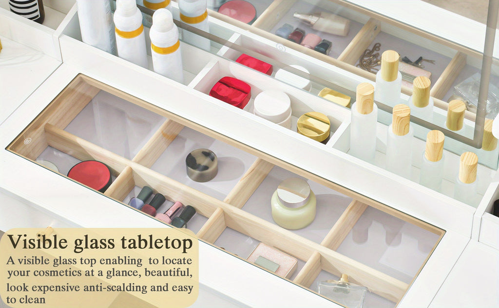 Modern White Makeup Vanity Desk with Large LED Mirror & Charging Station