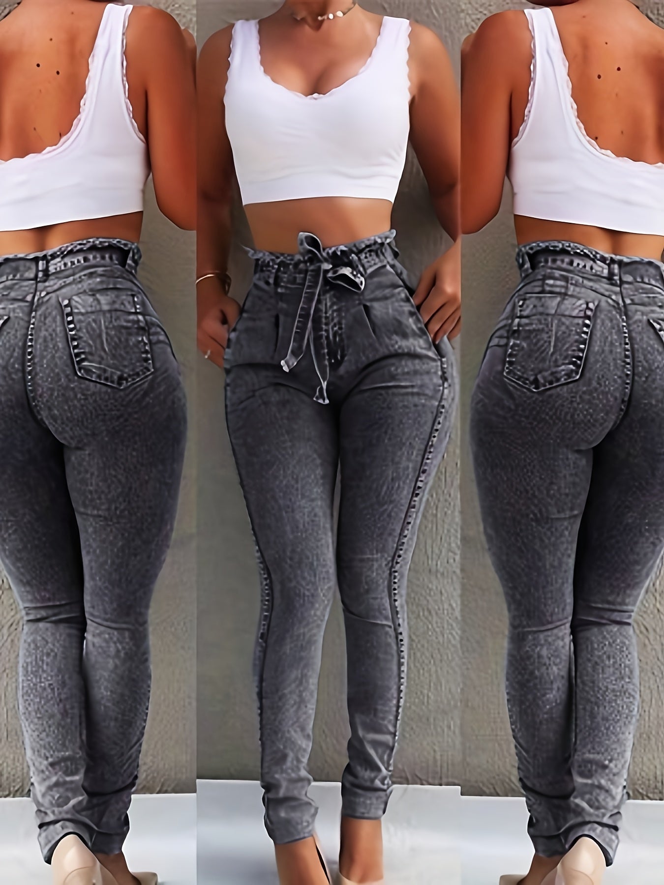 High-Waisted Slim-Fit Stretch Jeans with Tassel Belt