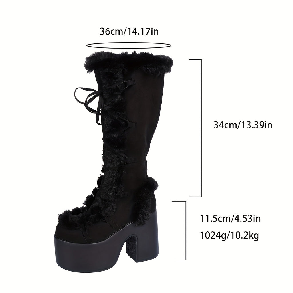 Plush Faux Fur-Front High-Top Snow Boots with Thick Platform Sole & Round Toe