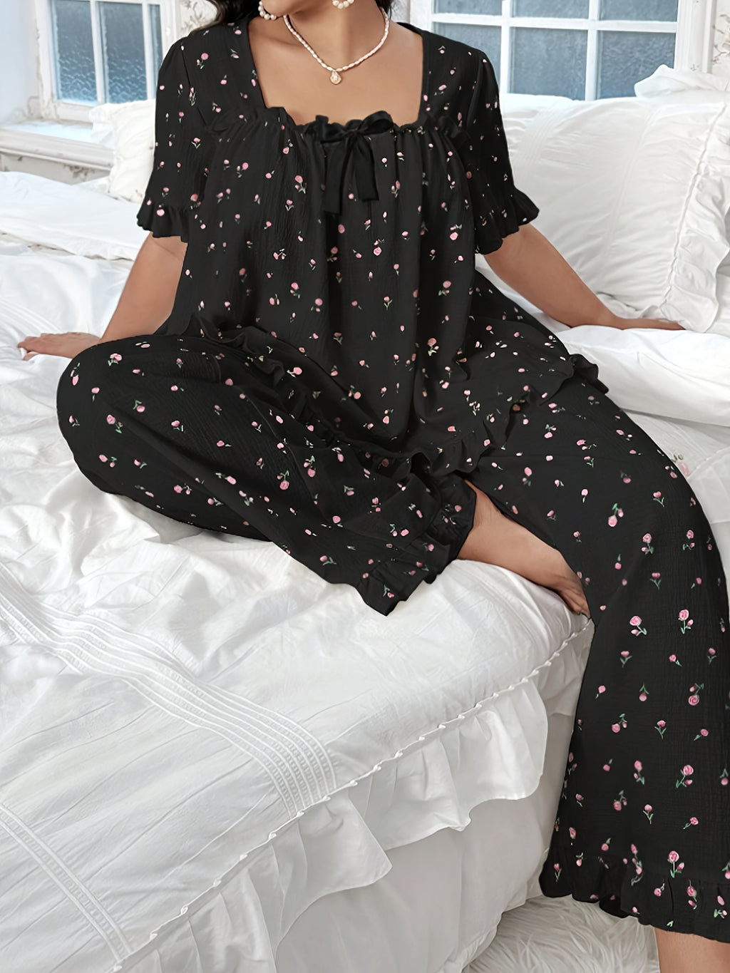 Casual Loose Floral Print Square Neck Bow Decor Pleated Hem Ruffle Edge Short Sleeve Top Set