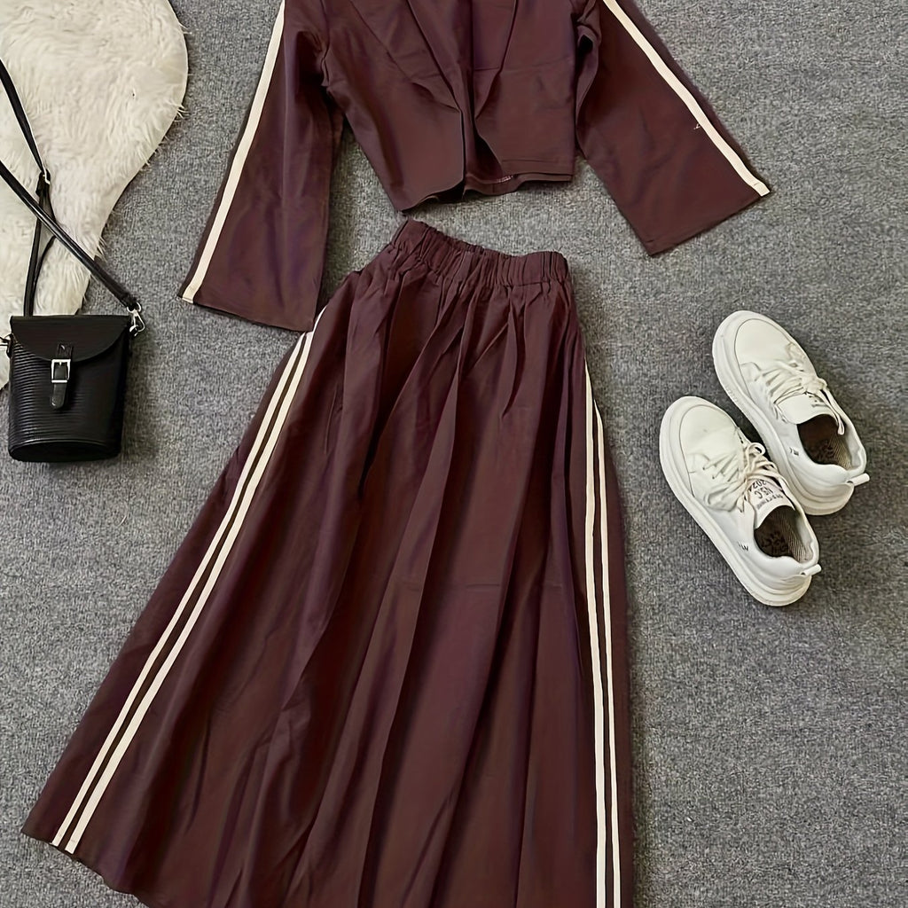 {2pcs} Burgundy & White Pinstripe Wide-Leg Pants & Blazer Jacket, Structured A-Line Dress Pants Outfit
