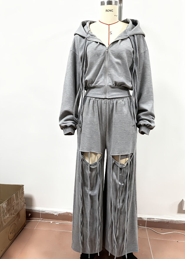 Hooded Zipper Sweatshirt Wide-Leg Hole Two-Piece Suit