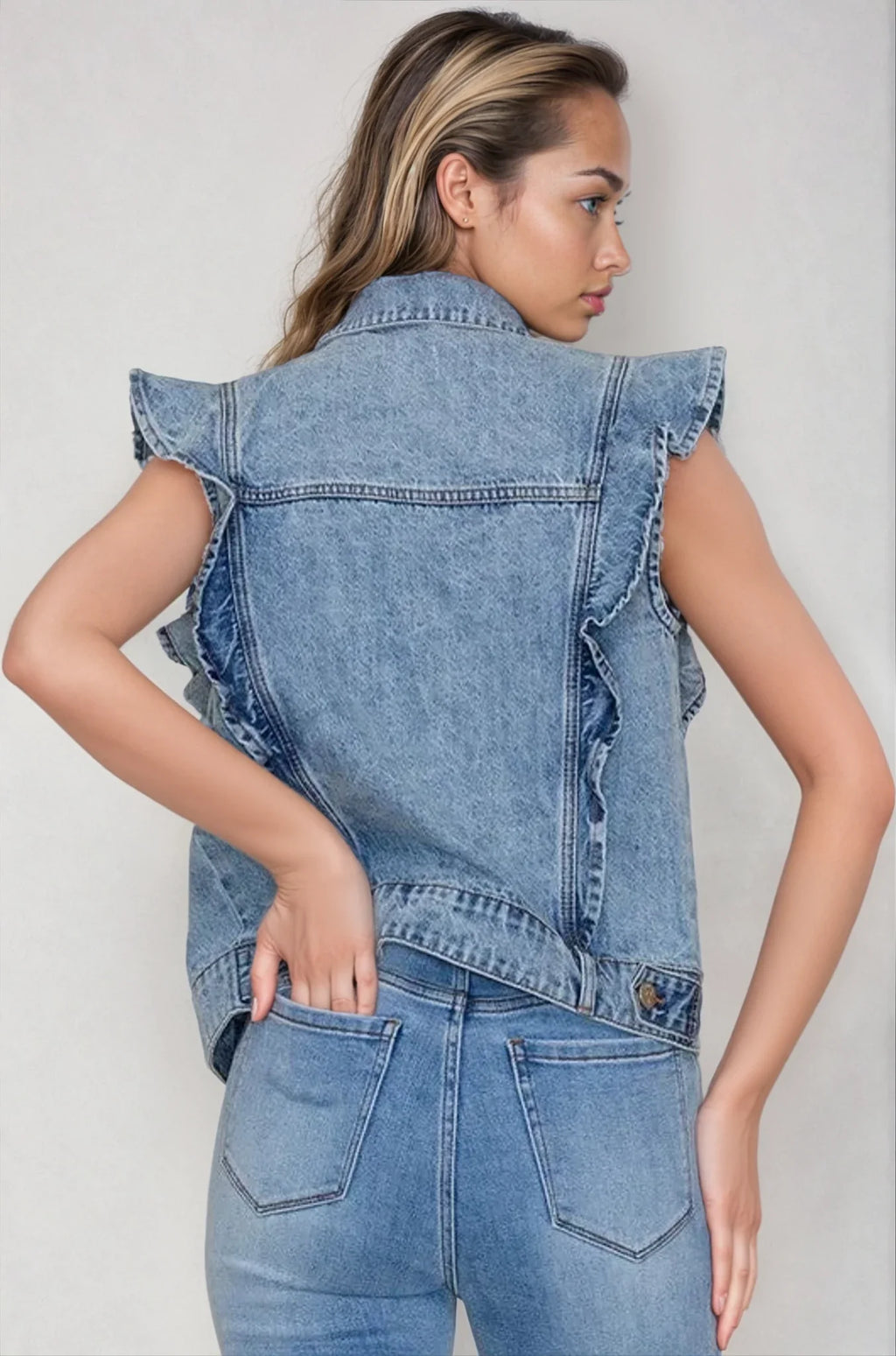 Victorian Charm Ruffle-Trim Denim Vest Jacket – Sleeveless Statement Layer- Light Denim