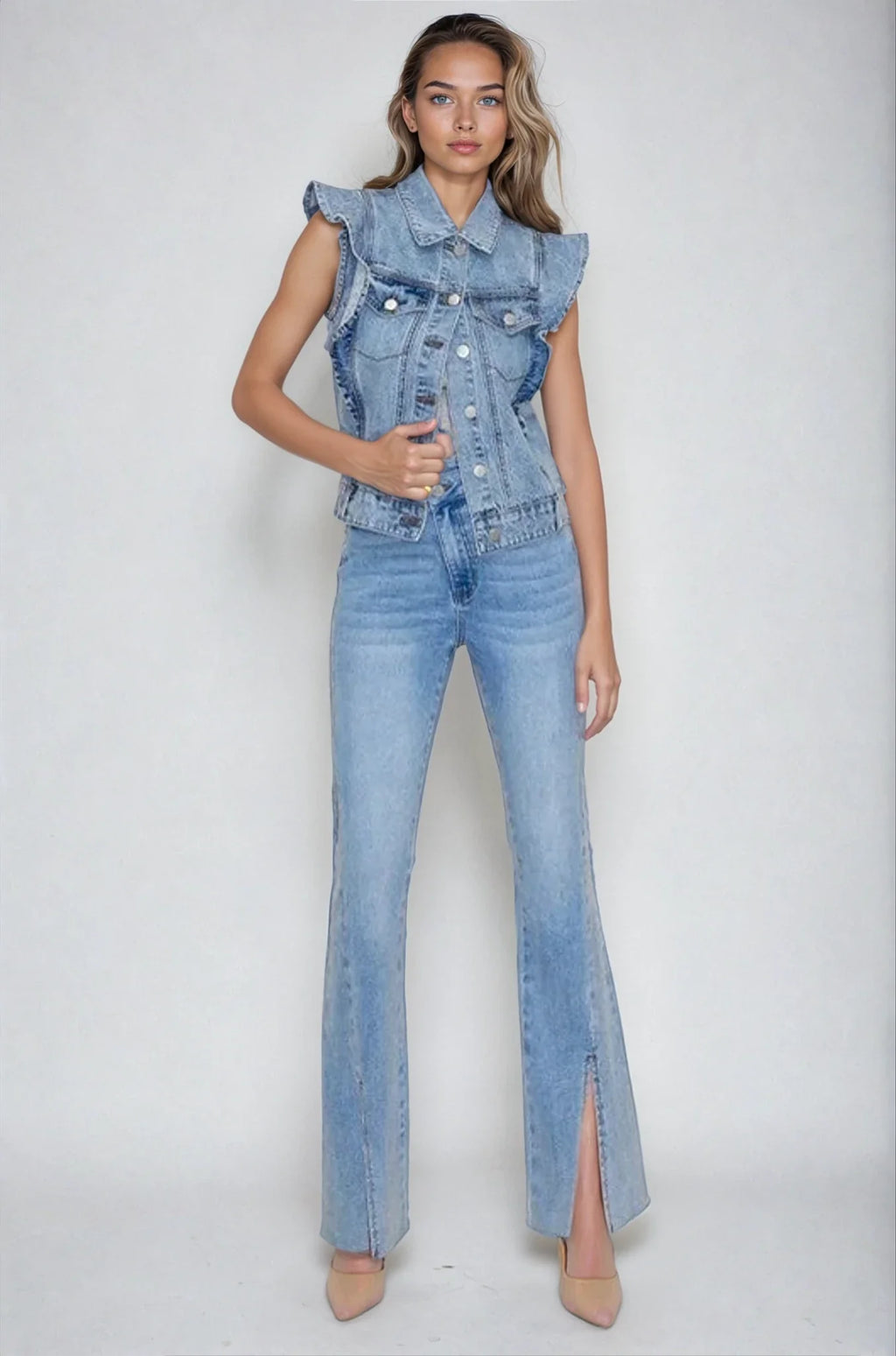 Victorian Charm Ruffle-Trim Denim Vest Jacket – Sleeveless Statement Layer- Light Denim