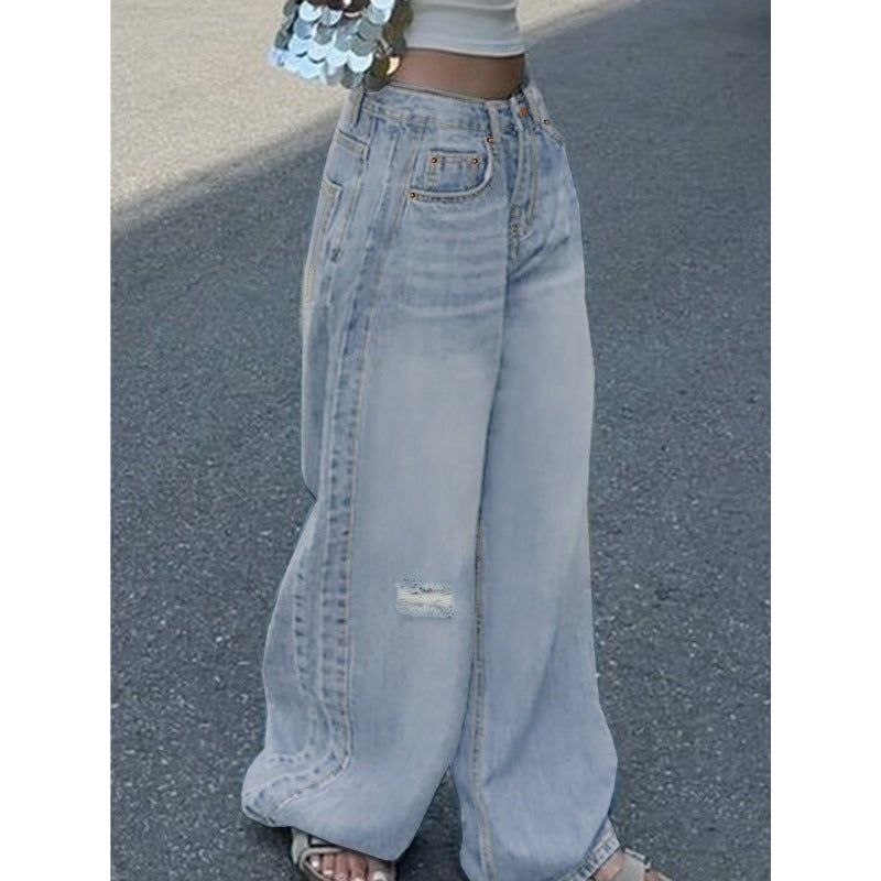 Slashed Straight Light Blue Jeans