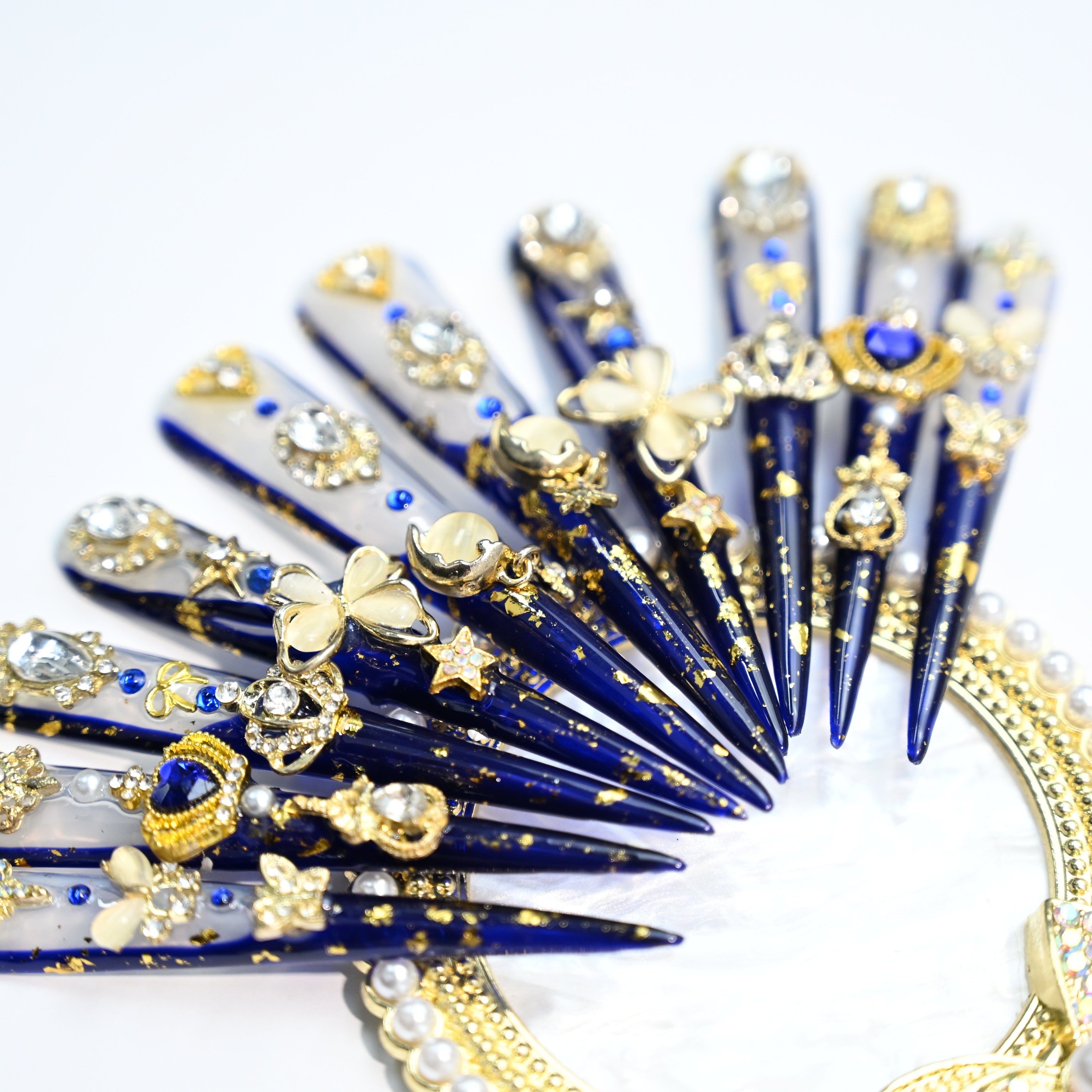 Handmade Luxury Limited XL Stiletto Press-On Nails - 3D Golden Crown & Butterfly Charms