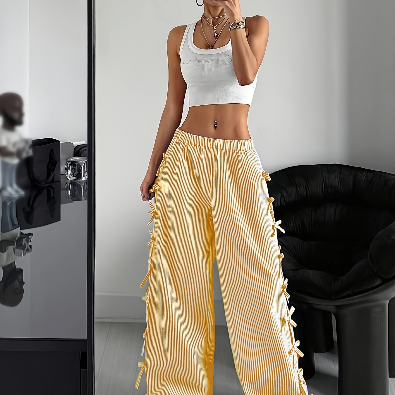 Pink & White Horizontal Striped Wide-Leg Bell-Bottom Pants with Ruffled Hem & Bow Tie Waist