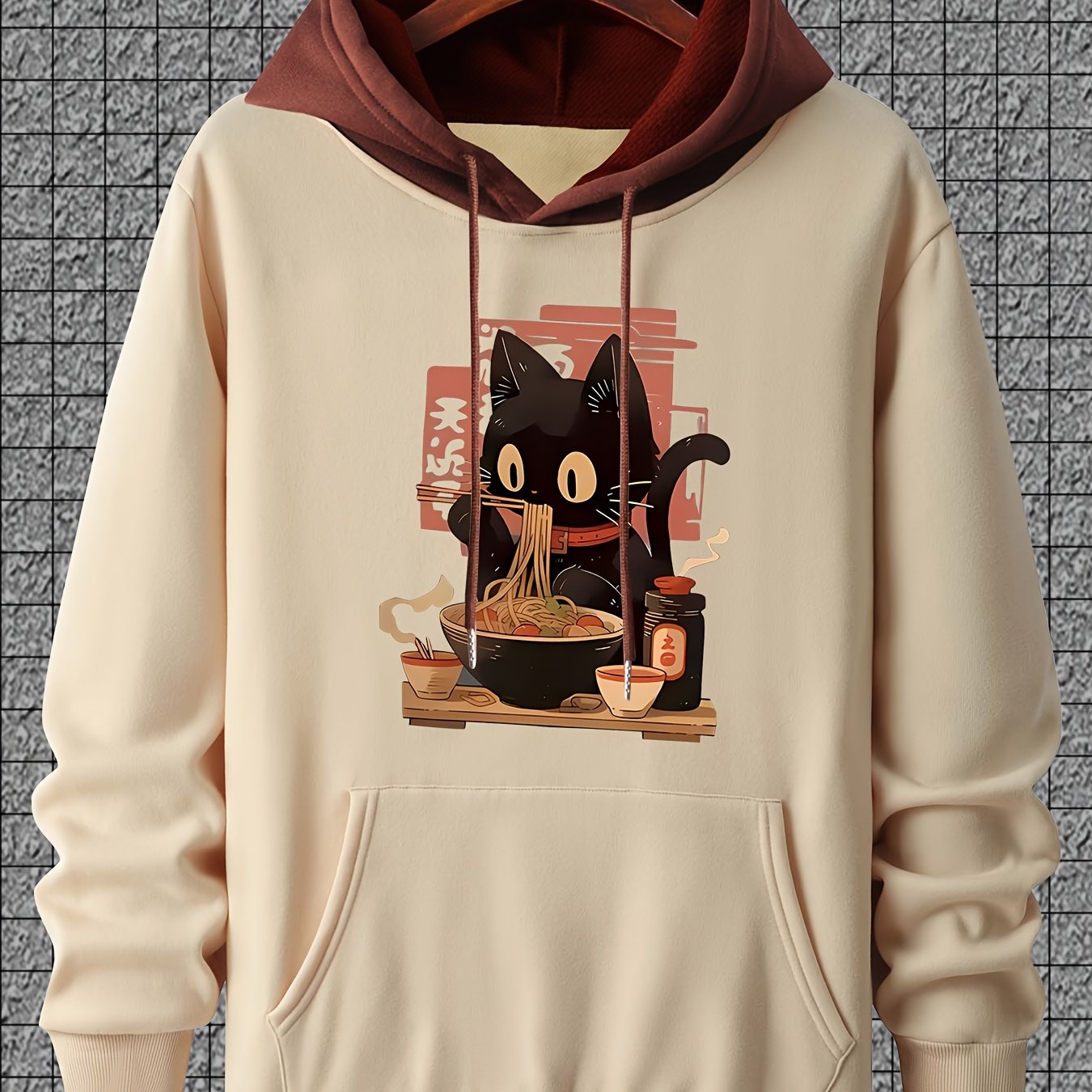 Casual Polyester Hoodie with Black Cat Eating Ramen Print