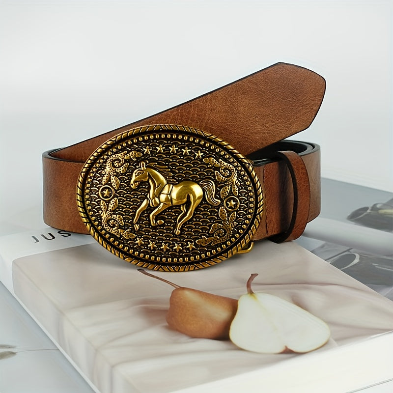 Brown Belt with Ornate Light Golden Horse & Reins Buckle