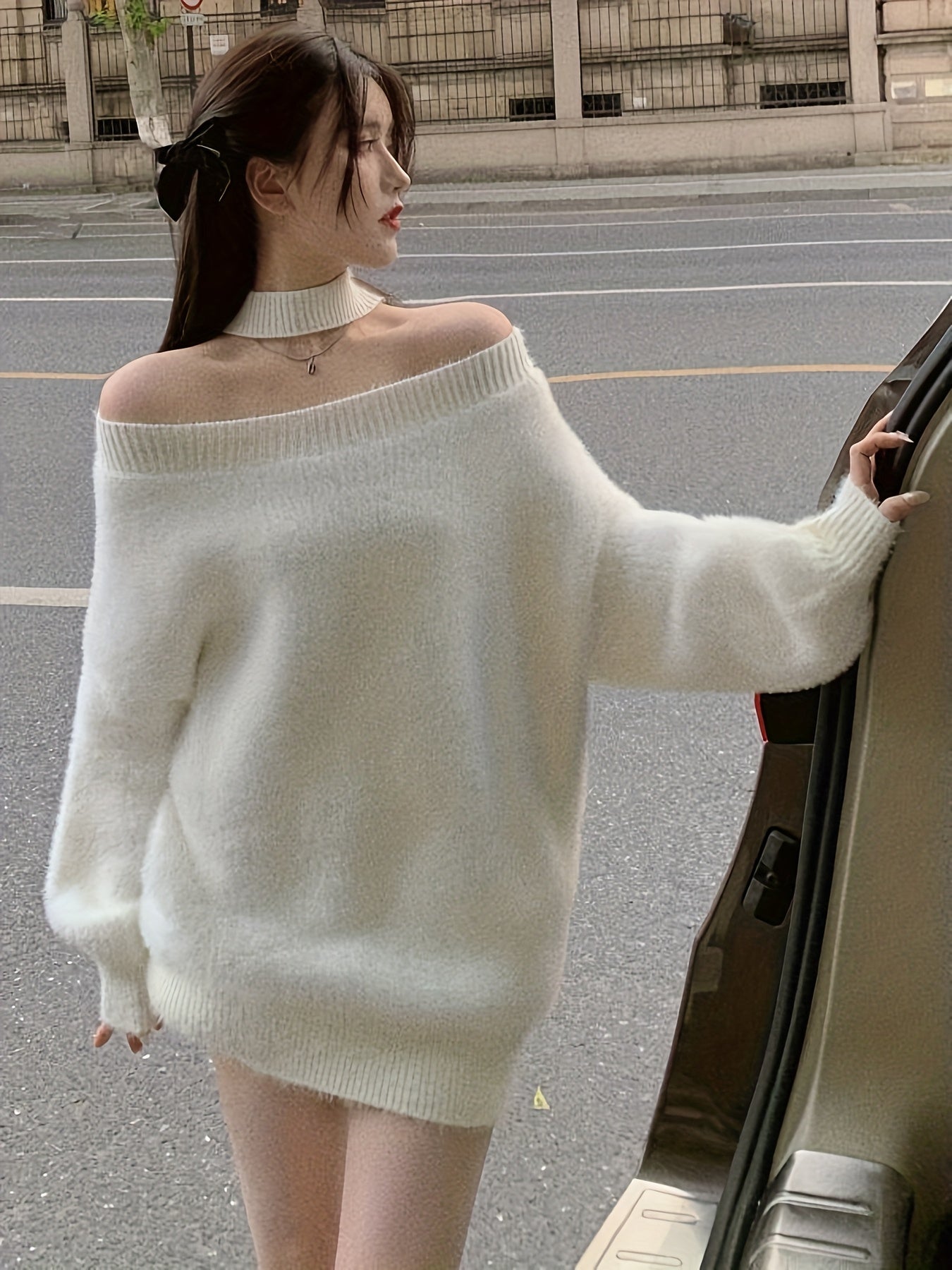 's White Oversized Off-Shoulder Winter Sweater - Collar Long Sleeve Loose Fit Coat Jacket, Reversible Collar Blazer for Fall/Winter, Hand Washable (No Transparency) Office to Party Wear