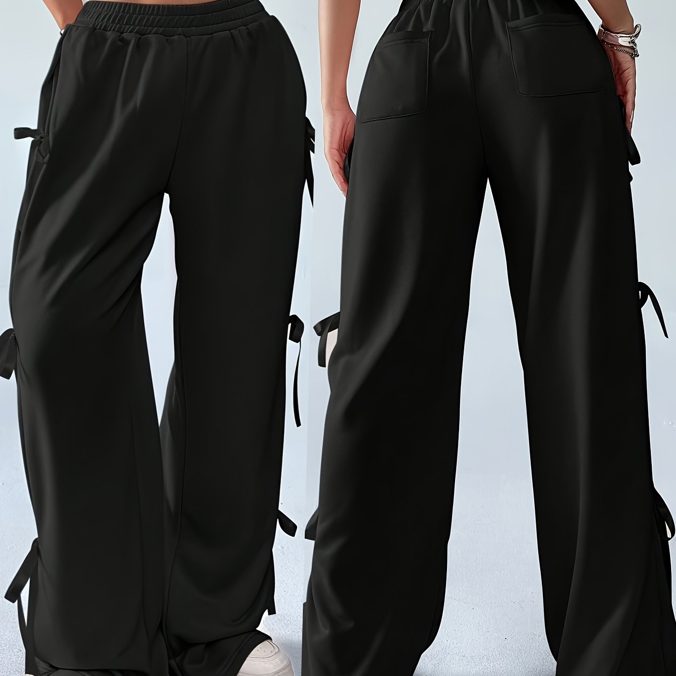 Elegant Side Bow Tie Straps & Back Pockets Stretchy Loose Straight Leg Pants