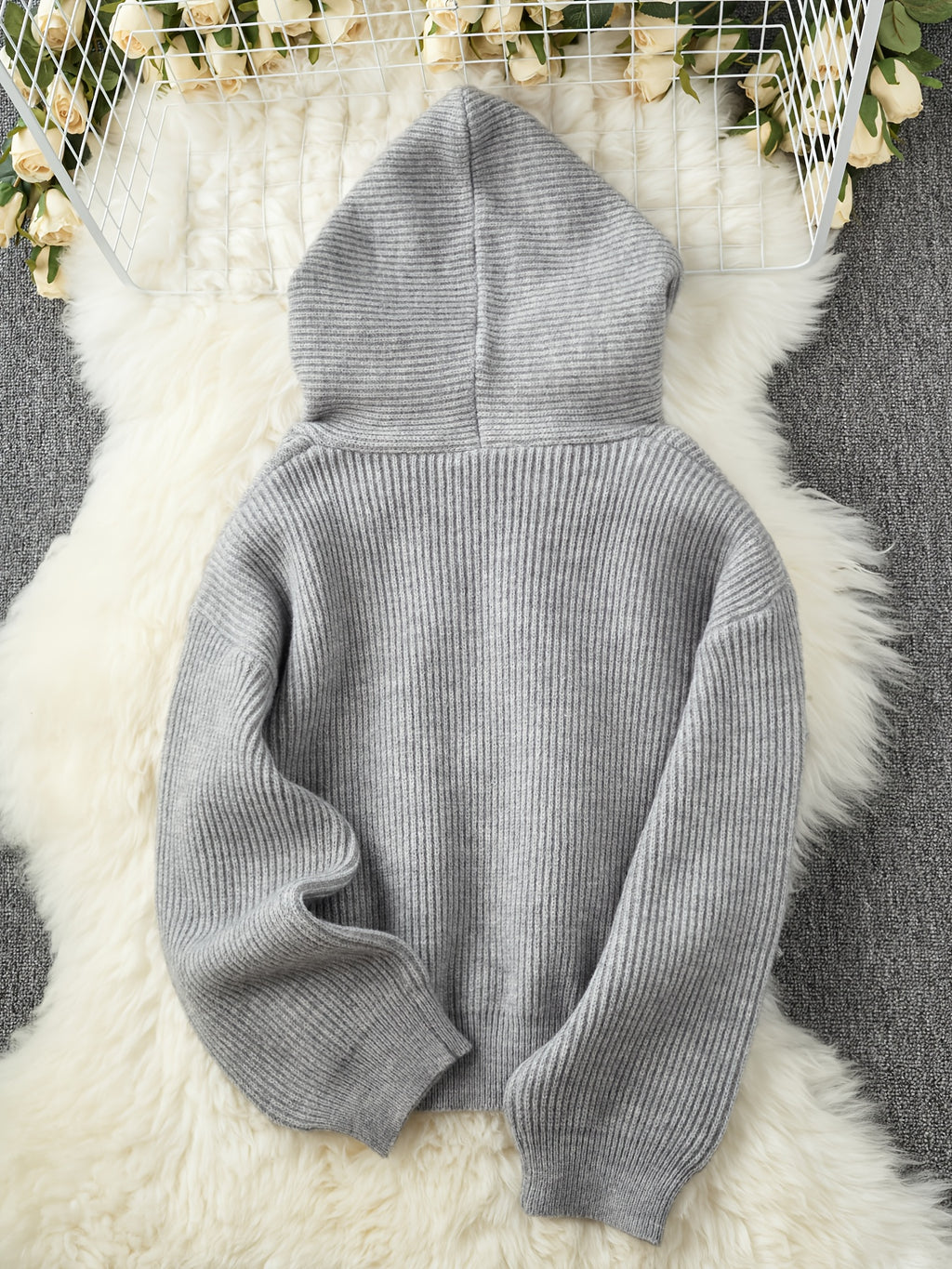 Women's Casual Hooded Cardigan Sweater - Thickened Winter with Double Zipper Front, Ribbed Cuffs & Hem, Medium Stretch, Solid Color for Fall and Winter, Sweater Cardigan