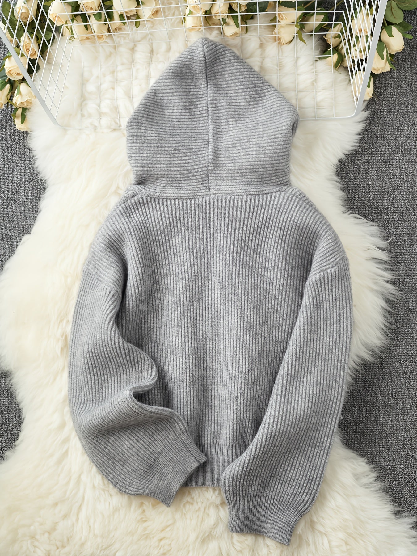 Women's Casual Hooded Cardigan Sweater - Thickened Winter with Double Zipper Front, Ribbed Cuffs & Hem, Medium Stretch, Solid Color for Fall and Winter, Sweater Cardigan