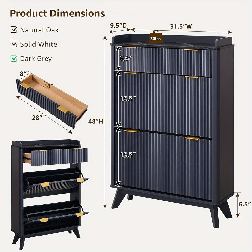 Wave-patterned Shoe Cabinet Featuring 2 Flip Drawers And A Top Drawer, 48-inch Tall Narrow Shoe Organizer, Curved Profile Design, Wooden Shoe Rack for Entryways, Entryway Storage, Hallway Furniture, Contemporary Design, Sleek