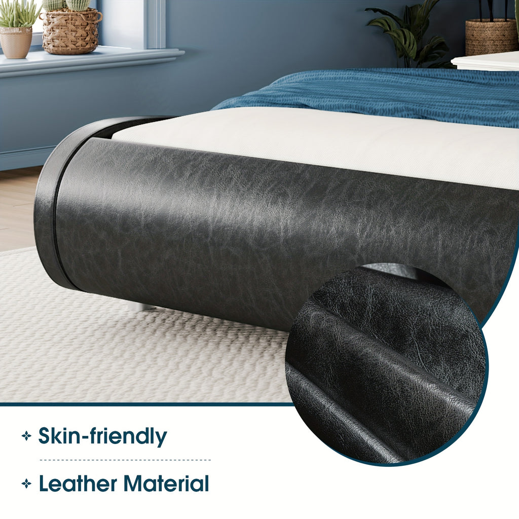 WEEWAY Modern Upholstered Platform Bed Frame, Faux Leather Sleigh Bed With Adjustable Headboard, Strong Wood Slats Support, No Box Spring Needed