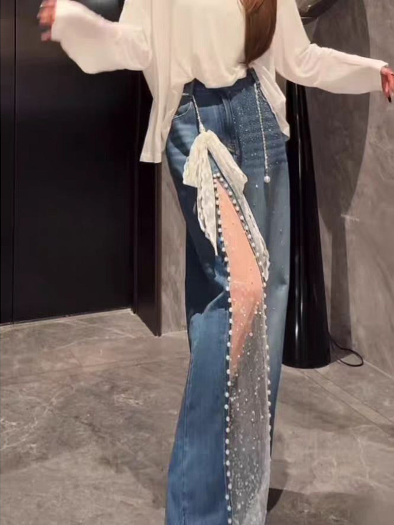 Sheer Detail Wide-Leg Jeans