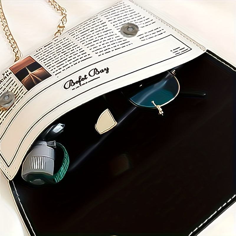 Trendy Chain Crossbody Newspaper Clutch Bag - Women's Envelope Flap Purse For Party Prom