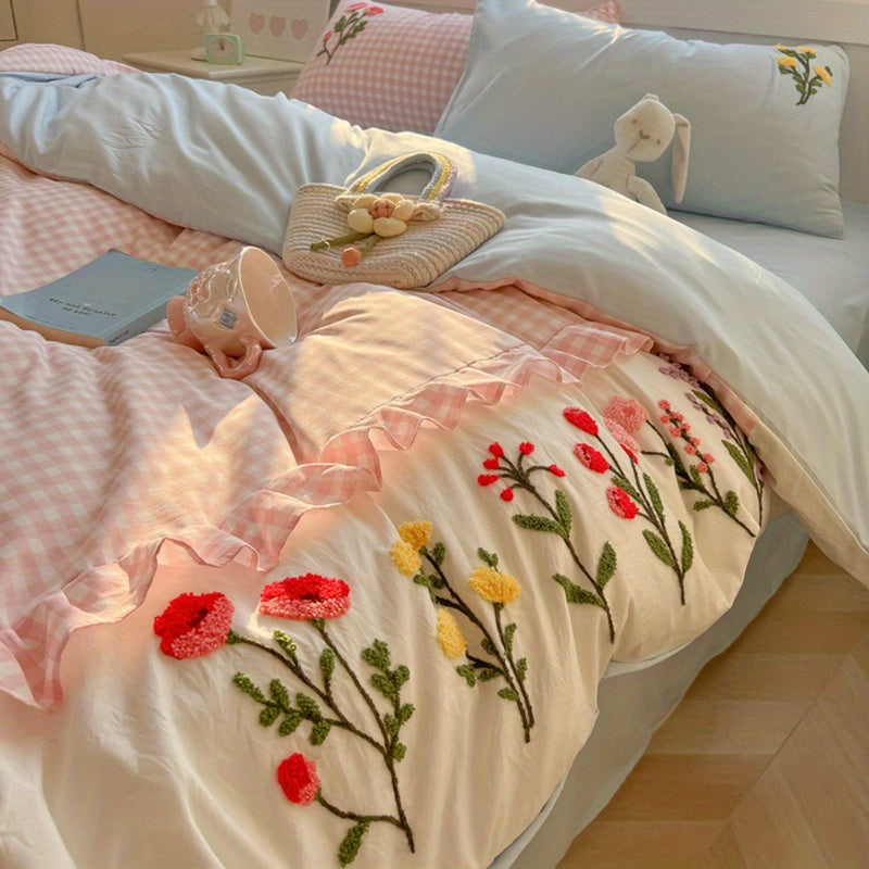 Pink Checkered + 3D Floral Embroidery Duvet Cover Set (1 Duvet Cover + 2 Pillowcases)