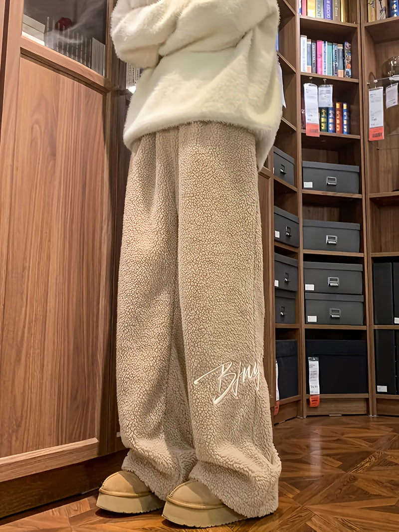 Fleece-Lined Embroidered Casual Pants