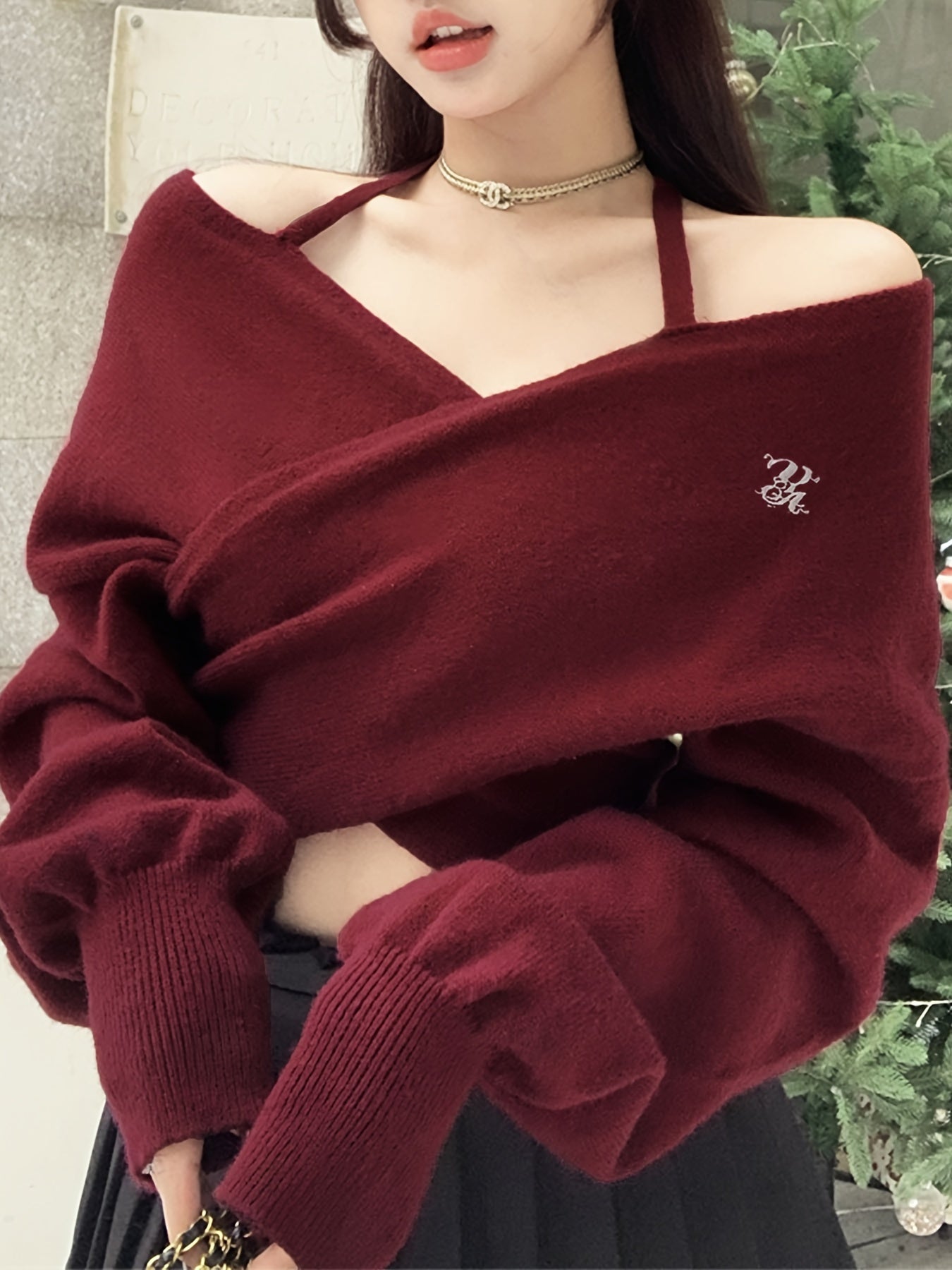Women's Off-the-Shoulder Cross Front Sweater - Soft Warm Winter Pullover with Deep Red Solid Color, Korean Fashion Short Length Top for Casual & Festive Outfits, Autumn Wardrobe Essential, Notched Collar Design, Soft Texture