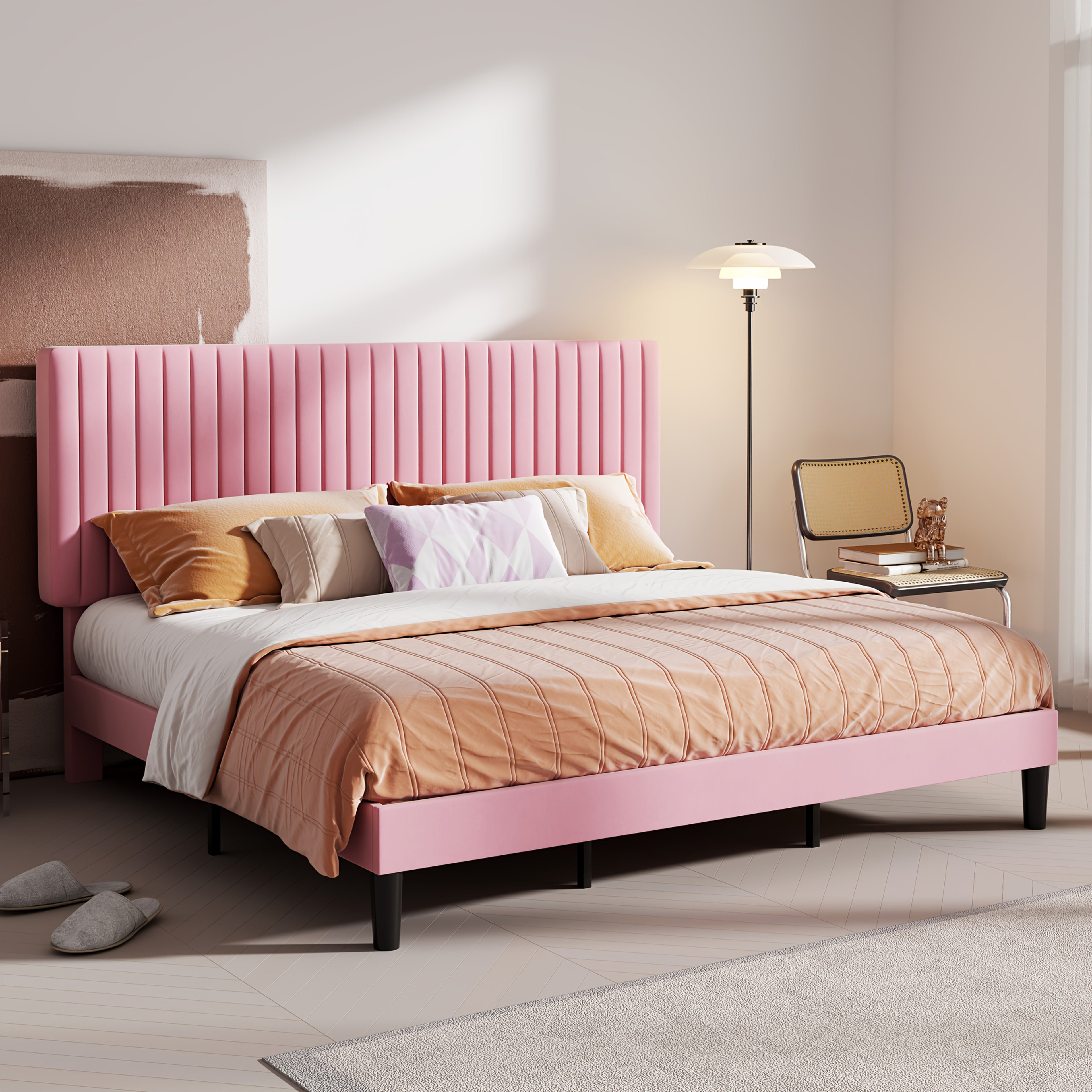 Modern Velvet Upholstered Bed Frame with Adjustable Headboard