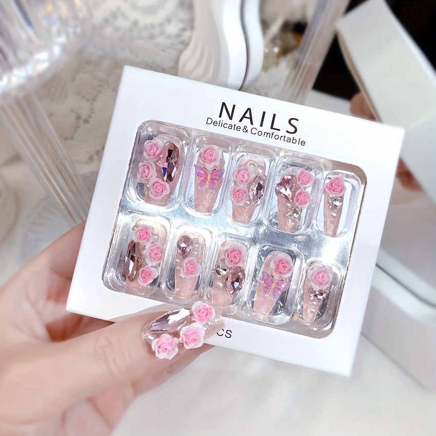 {24pcs} Spring 3D Pink Rose Fake Nails