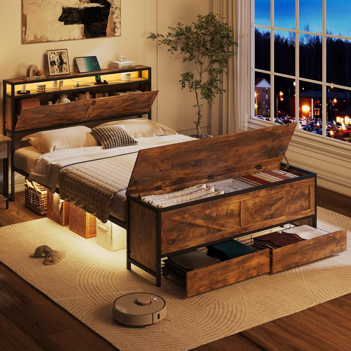 Industrial Metal Bed Frame with Heavy Duty Steel Pipe Design - Vintage Rustic Finish & Noise-Free Support, No Box Spring Needed