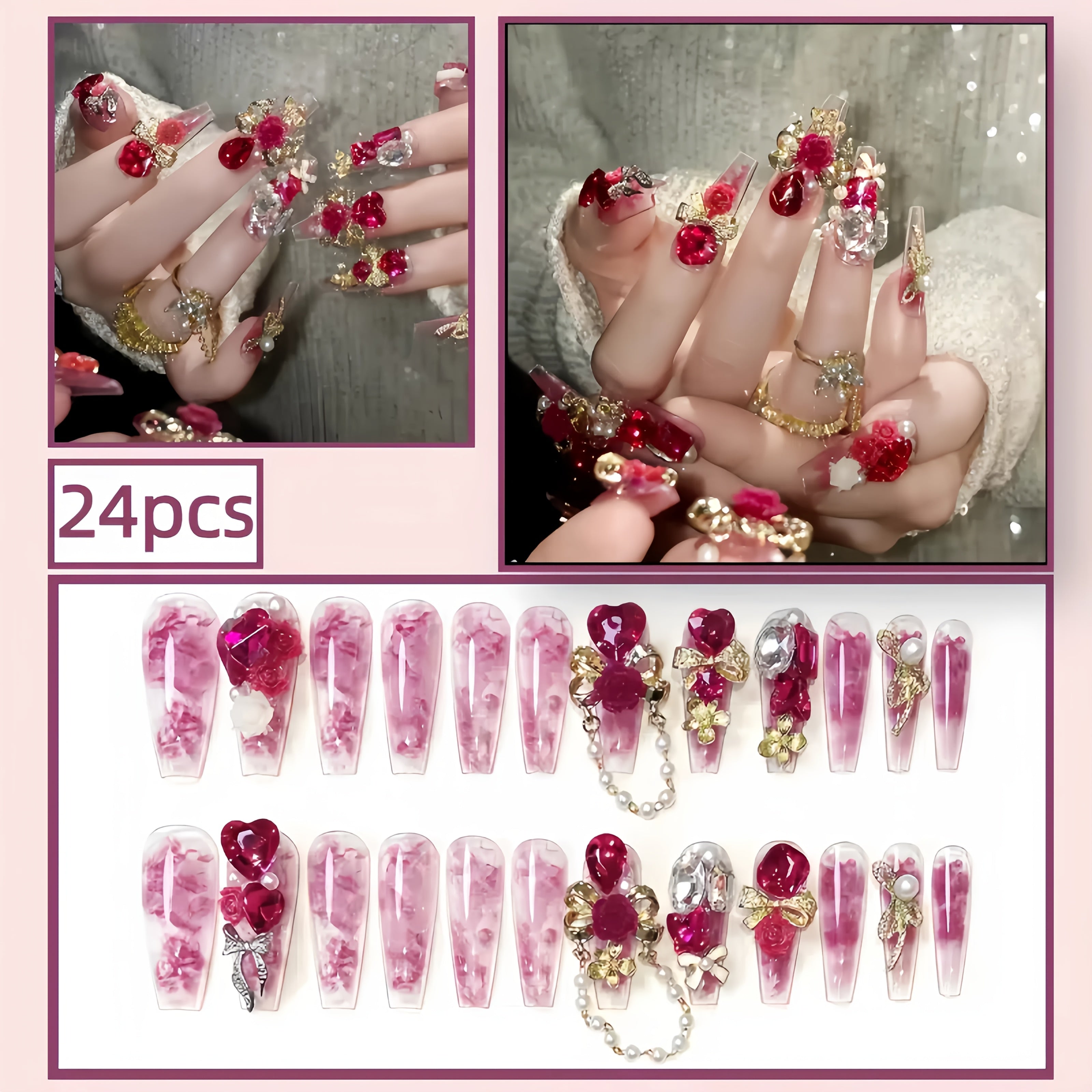 {24pcs} Three-Dimensional Love Bow Imitation Wearable Long Ballet Style Manicure (Including Mini Nail File And Jelly Glue)