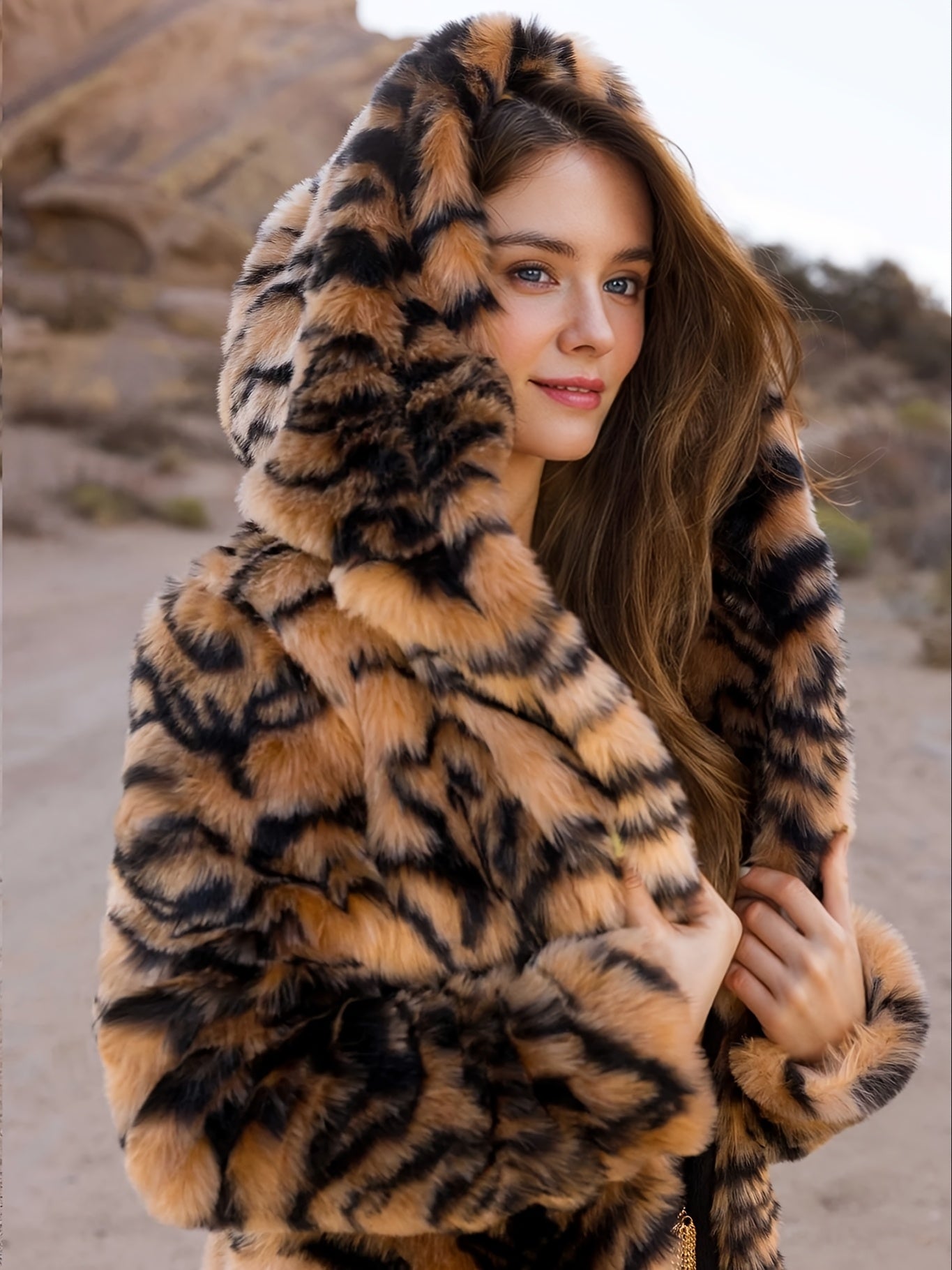 Women's Elegant Leopard Print Hooded Coat with Faux Grass Lining - Long Winter Warmth, Slim-Fit Tailored Outerwear, Single-Breasted Closure & Luxurious Fur-Like Texture for Casual & Formal Outfits (Dry Clean Only) - Autumn/Wi