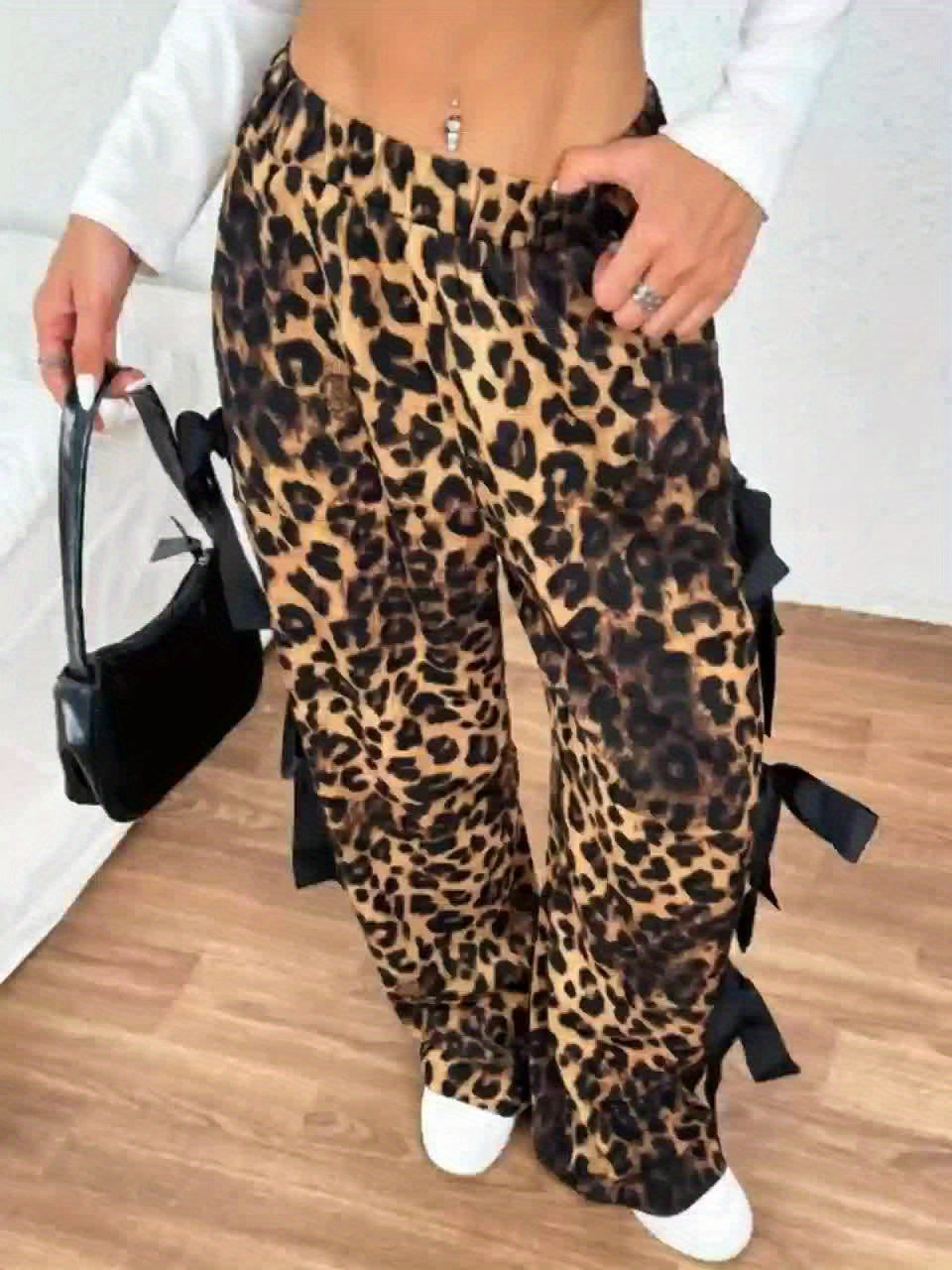 Leopard Print Wide-Leg Pants with Bow Detail