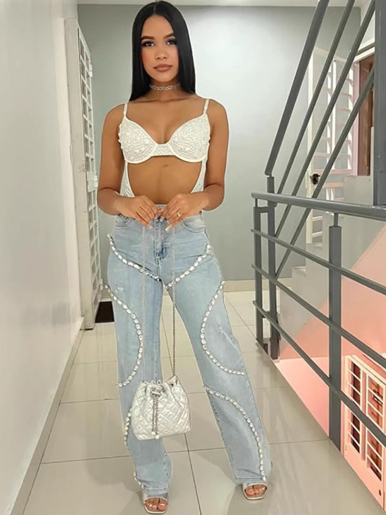 Rhinestone-Embellished Straight-Leg Jeans