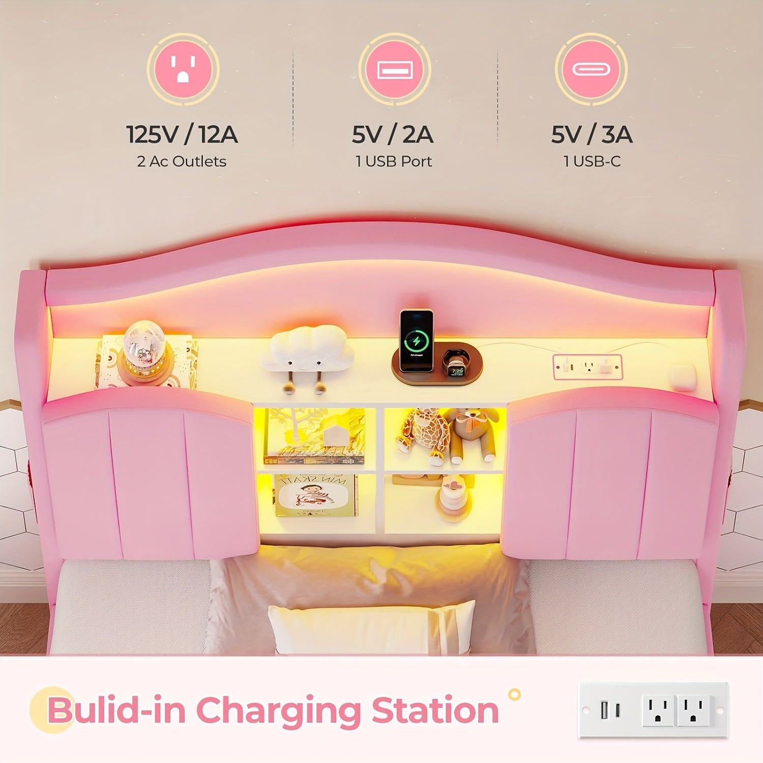 Upholstered Princess Twin Bed with LED Lights & Power Outlts